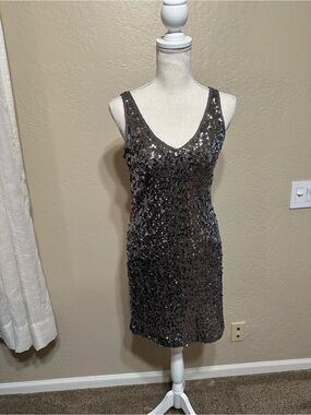 INC International Concepts Charcoal Sequin V-Neck Mini Dress